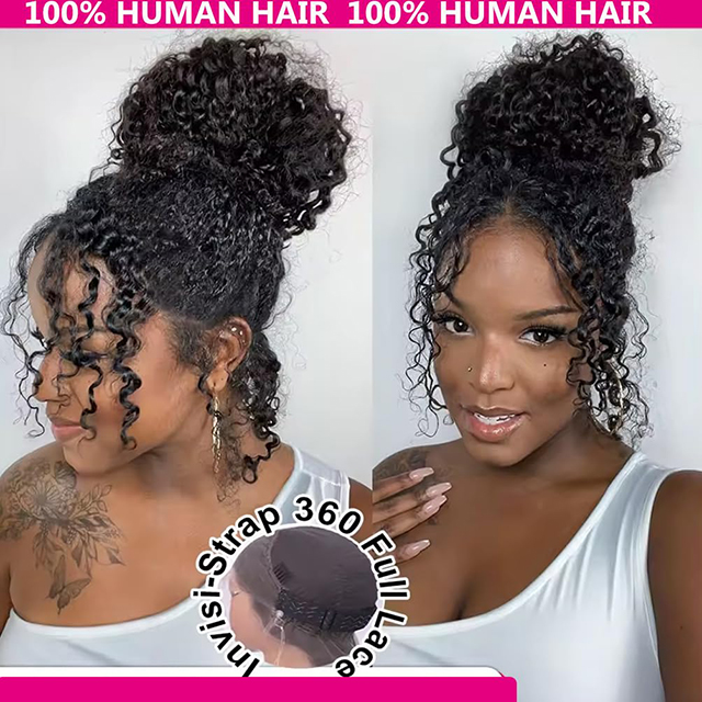 Deep Wave 360 ​​Lace Front Wig 18 Inch လူ့ဆံပင် Full Lace Wig HD Transparent Pre-Plucked Glueless with Adjustable Strap & Baby Hair