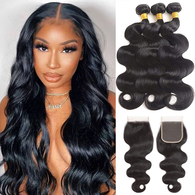 Body Wave ปิดผมมนุษย์บราซิล 3 รวมกลุ่มกับ 4x4 HD ปิดลูกไม้ 100% Unprocessed Virgin Hair สีธรรมชาติ