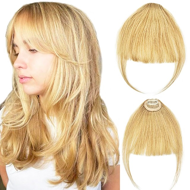 ISWEET 연한 갈색 클립인 Wispy Bangs – 100% 실제 인모, 관자놀이 헤어피스가 있는 프린지, 여성용 가짜 앞머리 확장