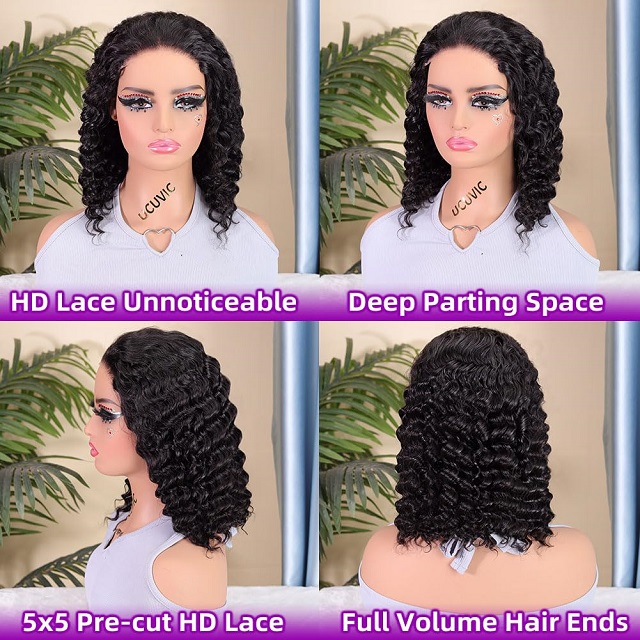 ISWEET krullende bobpruik voor zwarte vrouwen - 100% echt haar, 5x5 Wear And Go lijmloze vetersluiting aan de voorkant (voorgeplukt/voorgesneden), 200 dichtheid diepe golf, 12 inch