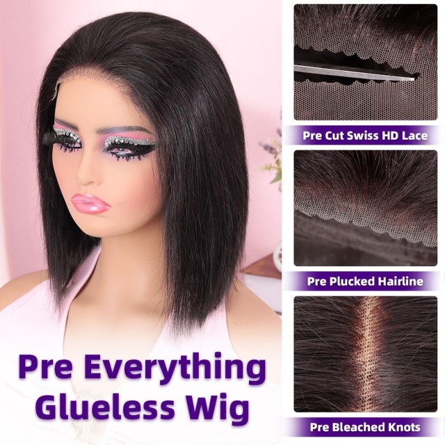 200% щільність 5x5 HD Lace Glueless Bob Wig – 10-дюймове натуральне чорне людське волосся, попередньо вищипане, підстрижене, коротка перука Wear & Go для чорношкірих жінок