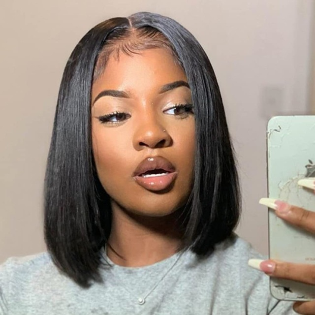 ISWEET Hair Glueless Wear & Go Lace Front paryk – 12 tommer kort lige Bob menneskeh&aring;r paryk, forklippet blonde til begyndere og sorte kvinder