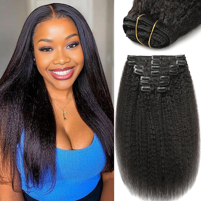 Clipe reto e excêntrico em extensões de cabelo para mulheres negras - 8pcs Virgem brasileira Yaki Cabelo humano reto 20  '120g de trama dupla com 20 clipes Extensões de cabelo preto natural