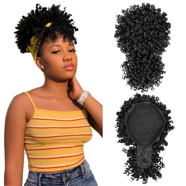 ISWEET สีดำ Kinky Curly Afro พัฟหางม้า – การออกแบบสายรัด Bangs, Hairpieces Updo สั้นสำหรับผู้หญิงผิวดำ (สีดำธรรมชาติ 1B)