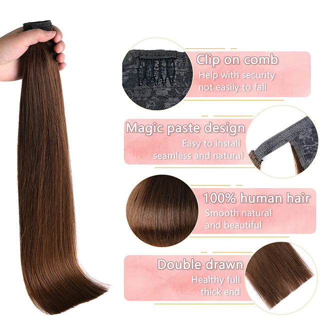 Sambungan Ekor Kuda Balut Rambut Manusia Klip di Sekeping Rambut Coklat Sederhana #4 Rambut Ekor Kuda Lurus dengan Tampal Ajaib untuk Wanita