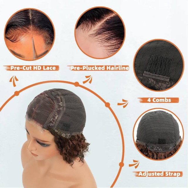 Wear & Go Glueless Short Curly Bob Wig Menneskeh&aring;r – 180 % t&aelig;thed 8 tommer lysebrun, pr&aelig;-plukket pr&aelig;-cut Deep Wave blonde frontparyk til kvinder