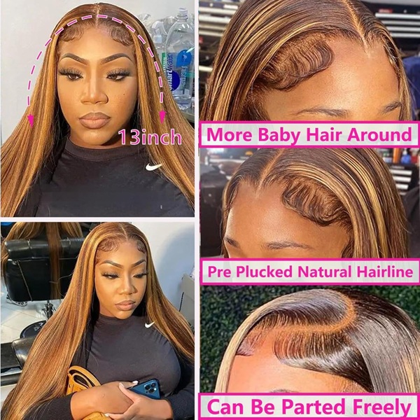 Isweet Ombre Lace የፊት ዊግ የሰው ፀጉር ማድመቂያ 13x6 HD ቀጥ ያለ ዳንቴል የፊት ዊግስ 180% ጥግግት 4/27 ባለቀለም ማር ብላንዴ HD ዳንቴል የፊት ዊግስ ለሴቶች ያለ ሙጫ ቀድሞ በህፃን ፀጉር 30 ኢንች