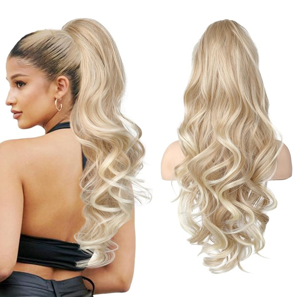 ISWEET 24-Zoll-Pferdeschwanz-Haarverl&auml;ngerung mit lockigem, gewelltem Clip f&uuml;r Frauen – Ombre-Blond bis hellblondes Clip-on-Haarteil