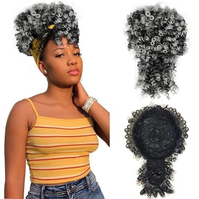 ISWEET สีดำ Kinky Curly Afro พัฟหางม้า – การออกแบบสายรัด Bangs, Hairpieces Updo สั้นสำหรับผู้หญิงผิวดำ (สีดำธรรมชาติ 1B)