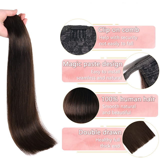Paardenstaartverlenging Echt haar Wikkel rond Clip-in haarstuk Lange rechte paardenstaarten Remy-haarstuk van echt haar voor dames Donkerbruin #2