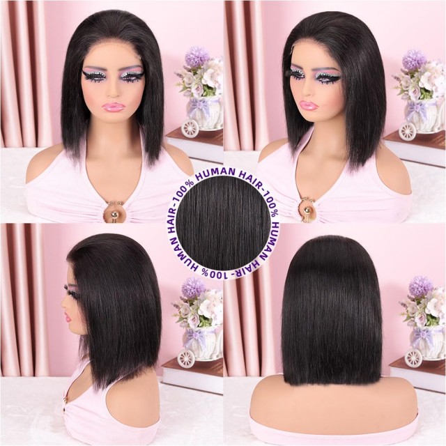 200% щільність 5x5 HD Lace Glueless Bob Wig – 10-дюймове натуральне чорне людське волосся, попередньо вищипане, підстрижене, коротка перука Wear & Go для чорношкірих жінок