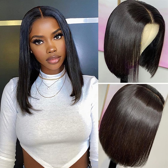 ISWEET Hair Perruque Lace Front Wig sans colle Wear & Go - Perruque de cheveux humains courts et lisses de 12 pouces, dentelle pr&eacute;d&eacute;coup&eacute;e pour d&eacute;butants et femmes noires