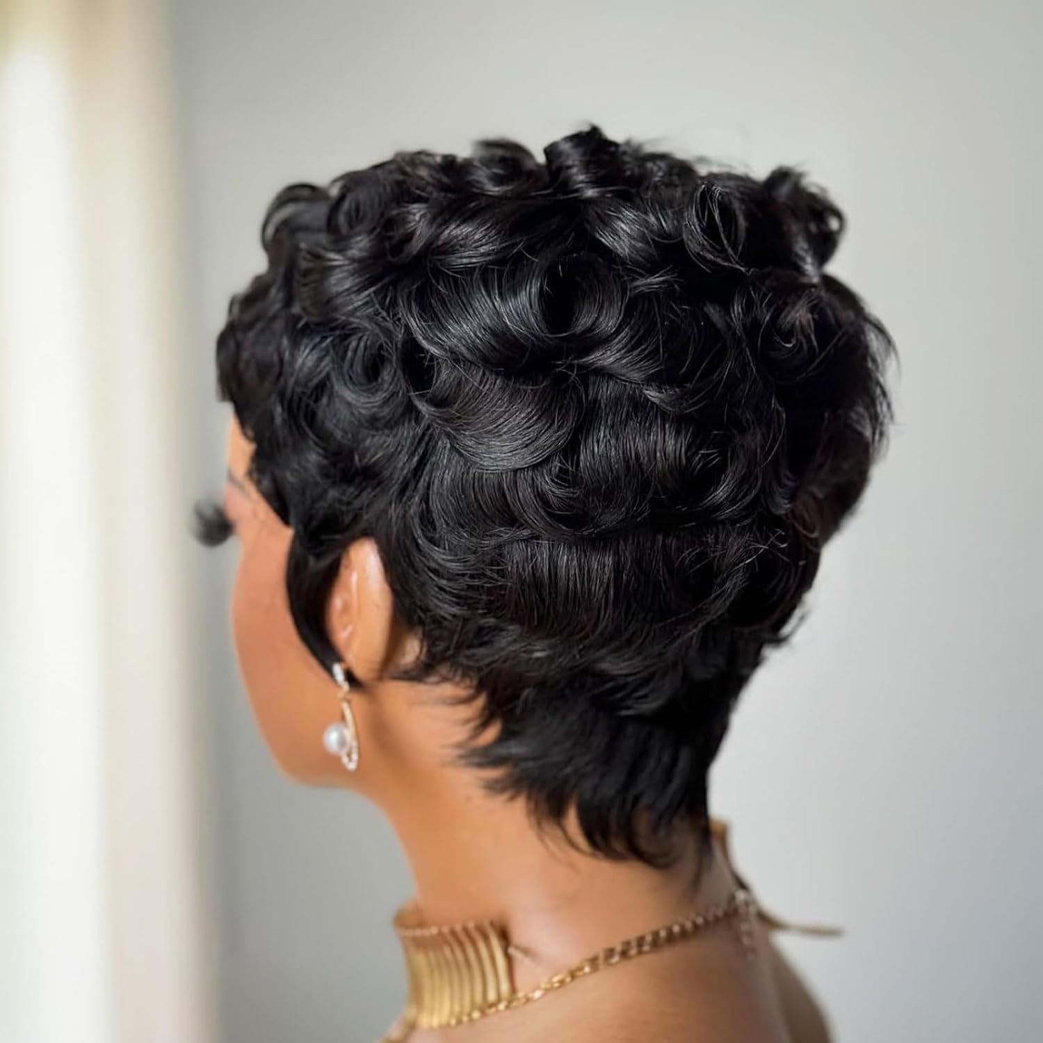 ISWEET Glueless brasiliansk kr&oslash;llet Pixie Cut paryk menneskeh&aring;r – kort lag paryk med pandeh&aring;r, naturlig sort, ingen lim paryk til sorte kvinder Daglig brug
