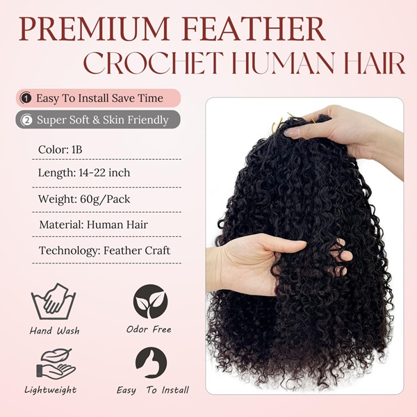 ISWEET Cabello humano de crochet con plumas rizadas de calidad de sal&oacute;n – Extensiones de trenzas bohemias reutilizables, 22 pulgadas, 60 g, preseparadas, invisibles y gruesas, sin enredos