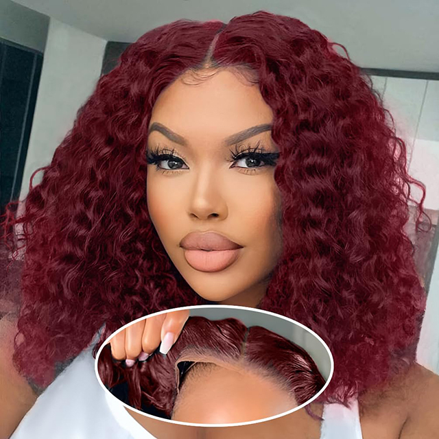 Isweet 14 polegadas Remy Human Human Ponytail peruca 180% densidade 4x4 Lace Borgonha sem grama pré -cortada Bob Wig para mulheres e meninas