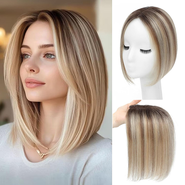 Topper per capelli ISWEET per capelli diradati - Capelli umani da 10 pollici con base in pizzo svizzero Ombre biondo castano chiaro Con riflessi Soluzione non rilevabile per l'uso quotidiano