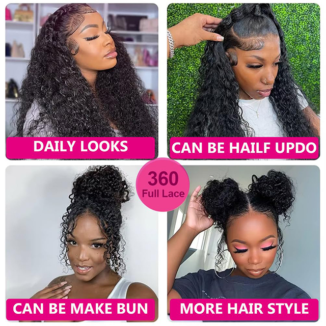 Deep Wave 360 ​​Lace Front Wig 18 Inch လူ့ဆံပင် Full Lace Wig HD Transparent Pre-Plucked Glueless with Adjustable Strap & Baby Hair