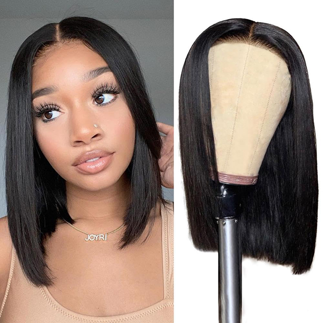 Wig Depan Renda Bob 4X4 Rambut Manusia Asli Sebelum Dipetik dengan Kepadatan 180% Hitam Alami untuk Wanita