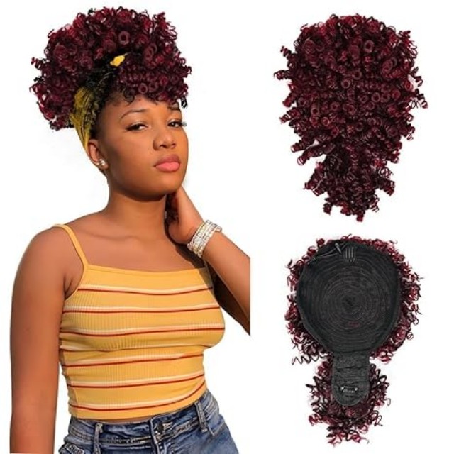 ISWEET Black Kinky Curly Afro Puff Hestehale – Sn&oslash;redesign med pandeh&aring;r, korte opsatte h&aring;rstykker til sorte kvinder (Natural Black 1B)