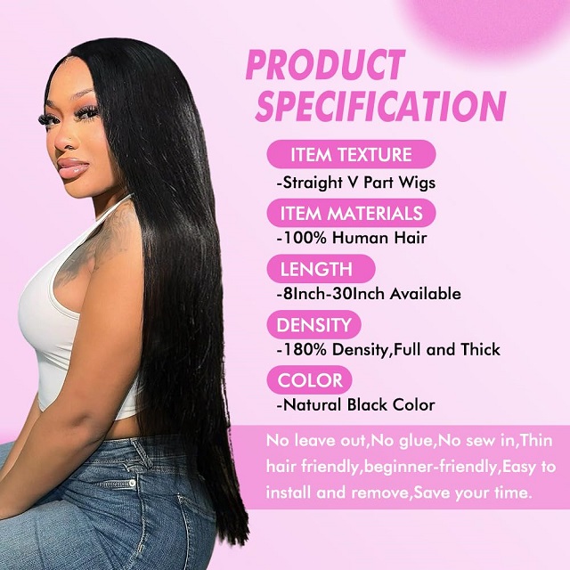 Perruque droite en cheveux humains V Part pour femmes noires : partie en U am&eacute;lior&eacute;e, sans laisser de place/couture/colle, demi-perruque &agrave; clipser de 45,7 cm, densit&eacute; 180 % noir naturel