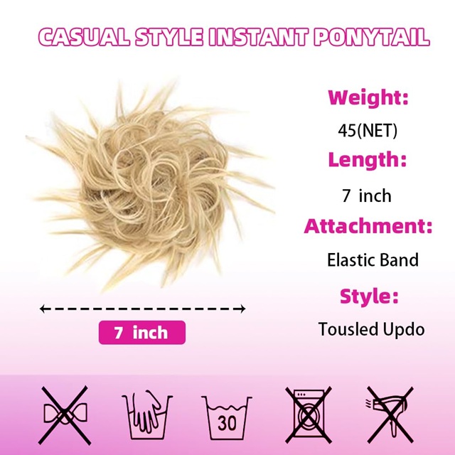 Potongan Rambut Bun Berantakan Berantakan - Ekstensi Sanggul Ekor Kuda Bergelombang Sintetis dengan Pita Elastis, Potongan Rambut Pirang Campuran Pemutih Alami untuk Wanita