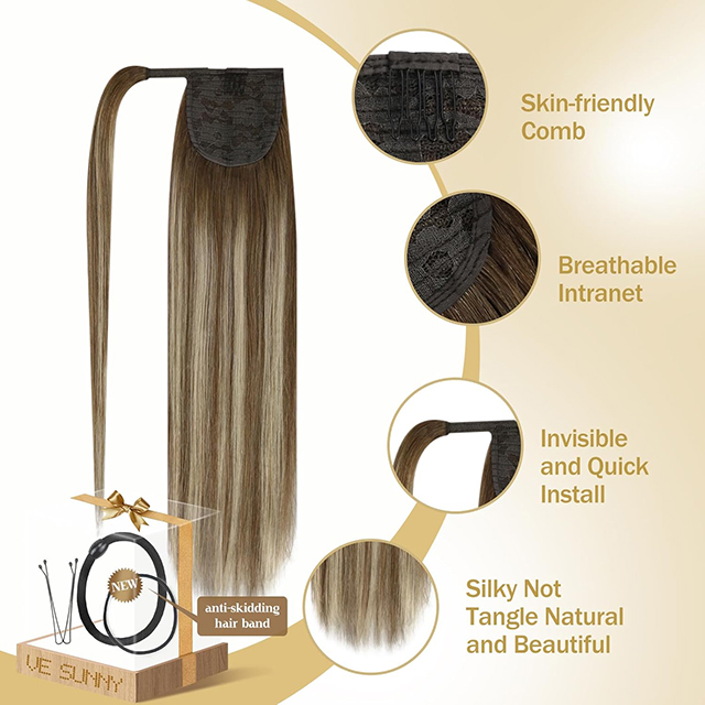 Ponytail Extensio Real Humanum Hair pro Women Clip in Ponytail Hair Extensio Rectae Hair Pieces Circumda Obscurae Brown Mix Medium Brown Highlights Brown Balayage 22inch 80G