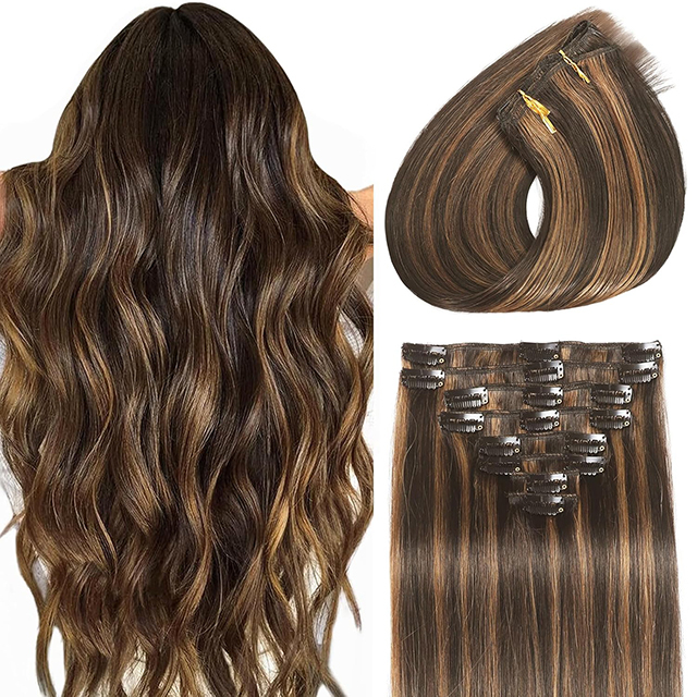 Klip dalam Ekstensi Rambut Rambut Manusia Asli, Ekstensi Klip Rambut Manusia Balayage Mulus untuk Wanita Lurus Tak Terlihat 8 Buah Pakan Ganda Coklat Tua Sorot Coklat Kastanye 24 inci 120g