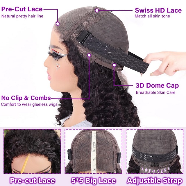 ISWEET krullende bobpruik voor zwarte vrouwen - 100% echt haar, 5x5 Wear And Go lijmloze vetersluiting aan de voorkant (voorgeplukt/voorgesneden), 200 dichtheid diepe golf, 12 inch
