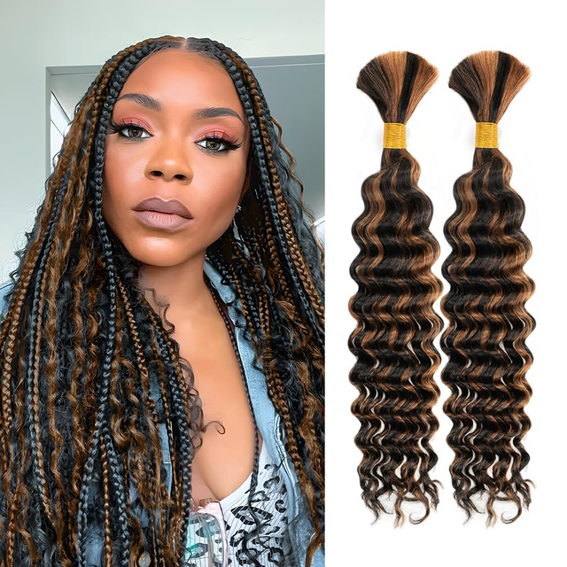 2 Bundles Cheveux Tress&eacute;s Humains pour Boho Tresses Vague Profonde En Vrac Br&eacute;silien Vierge Cheveux Humains Naturel Noir Surlign&eacute; Auburn Brun # P1B/30