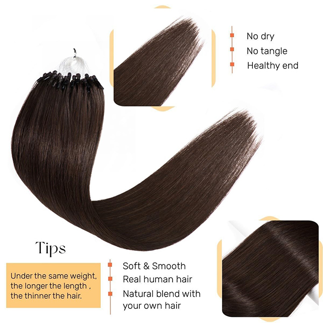 Micro anneau Extensions de cheveux cheveux humains 20 pouces couleur brun fonc&eacute; Micro lien pr&eacute;-coll&eacute; 50g/50s droite Remy cheveux humains