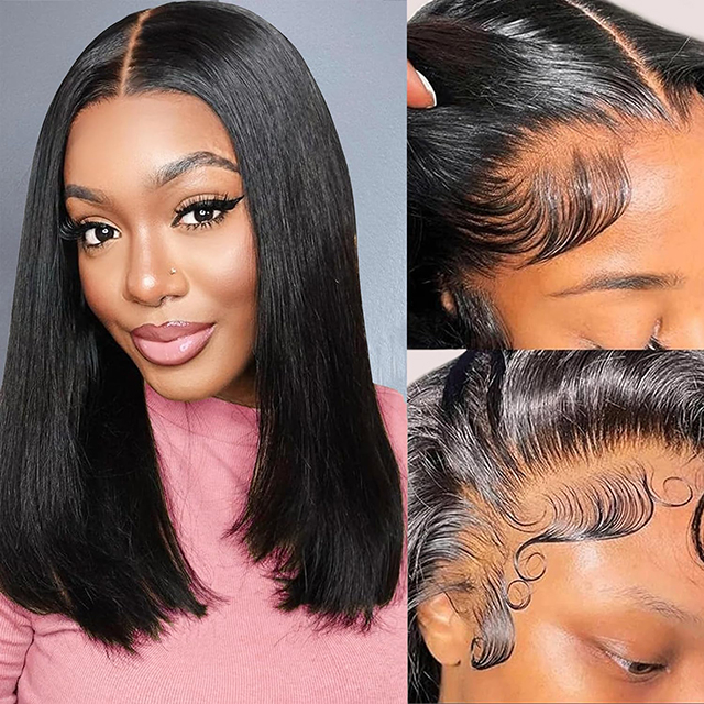 Wig Bob Lurus Pendek untuk Wanita - Rambut Manusia 14 Inci Wig Depan Renda HD 13X6 dengan Kepadatan 180% Wig Bob Tanpa Lem yang Telah Dipetik Sebelumnya