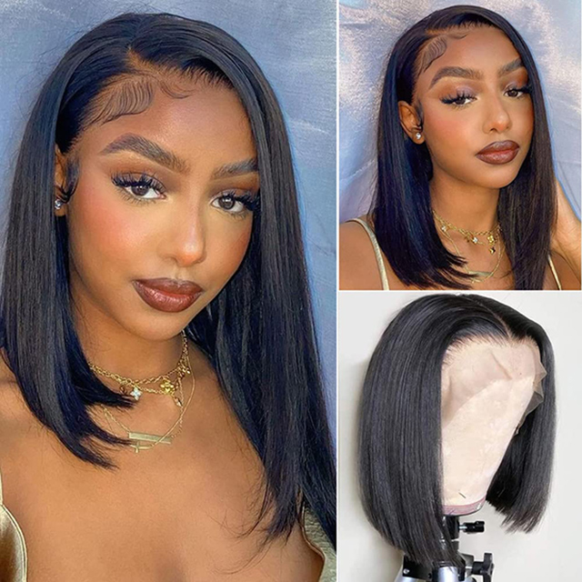 Rambut Palsu Bob Pendek 13x6 Lace Depan Rambut Palsu Tanpa Glueless Brazilian Virgin Rambut Manusia Lurus 150% Ketumpatan Pra Dipetik Dengan Rambut Bayi
