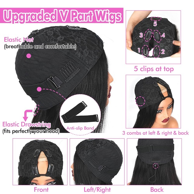 Perruque droite en cheveux humains V Part pour femmes noires : partie en U am&eacute;lior&eacute;e, sans laisser de place/couture/colle, demi-perruque &agrave; clipser de 45,7 cm, densit&eacute; 180 % noir naturel