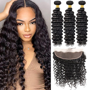 Deep Curly Wave Bündel mit 13x4 Frontal -Verschluss -Ohr bis Ohr 100% unverarbeiteter nasse und wellige brasilianische jungfräuliche Haare 3 Bündel mit Spitzenfront -Verschluss natürliche Farbe für schwarze Frauen