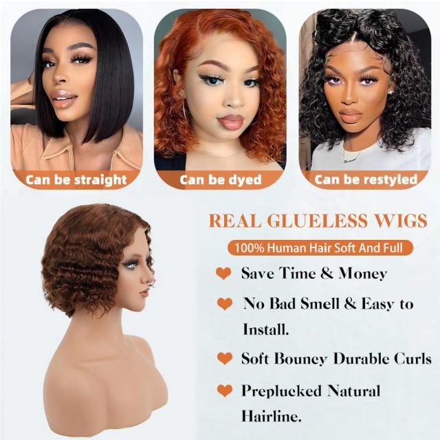 Wear & Go Glueless Short Curly Bob Wig Menneskeh&aring;r – 180 % t&aelig;thed 8 tommer lysebrun, pr&aelig;-plukket pr&aelig;-cut Deep Wave blonde frontparyk til kvinder