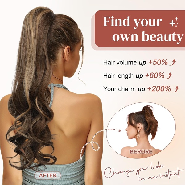 Sambungan Rambut Ekor Kuda ISWEET 24 Inci Kerinting Beralun Bercakar untuk Wanita – Ombre Berambut perang hingga berambut perang terang berklip pada rambut