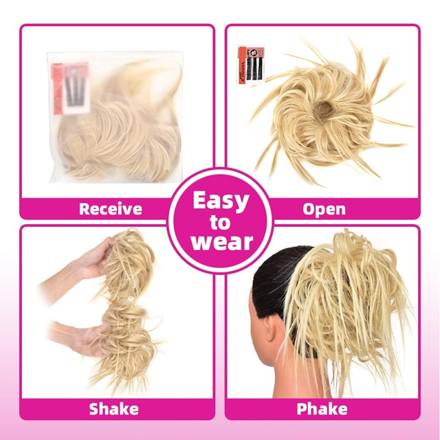 Potongan Rambut Bun Berantakan Berantakan - Ekstensi Sanggul Ekor Kuda Bergelombang Sintetis dengan Pita Elastis, Potongan Rambut Pirang Campuran Pemutih Alami untuk Wanita