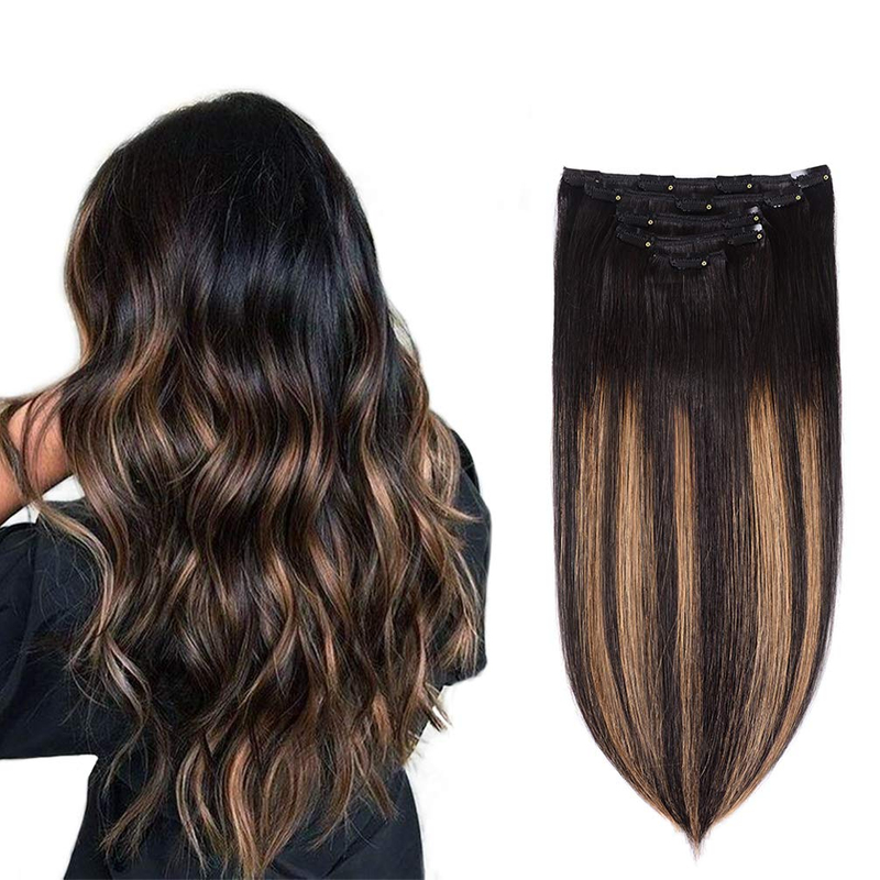 Extensions &agrave; clips de cheveux humains Remy de 40,6 cm – 5 pi&egrave;ces 80 g, ombr&eacute; noir naturel &agrave; marron ch&acirc;tain (1BT6/P1B), extensions de cheveux courts et &eacute;pais, lisses et soyeux pour femme