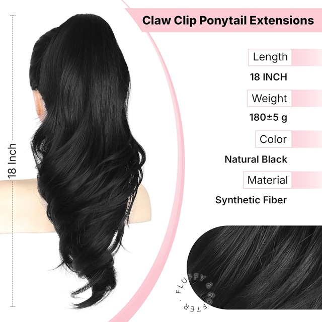 18palcov&yacute; dlouh&yacute; vlnit&yacute; čern&yacute; cul&iacute;k prodlužov&aacute;n&iacute; – d&aacute;msk&yacute; př&iacute;česek do cul&iacute;ku se sponou Claw Clip, prodlužov&aacute;n&iacute; vlasů s klipsem na cul&iacute;k pro každodenn&iacute; nošen&iacute;