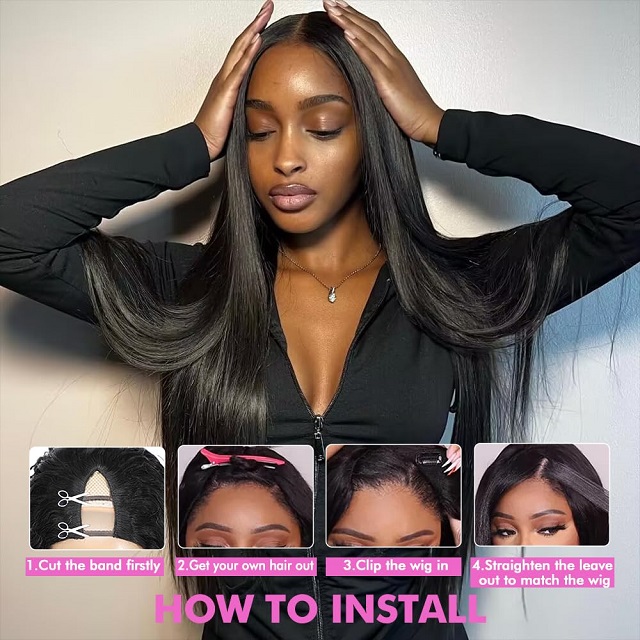 Perruque droite en cheveux humains V Part pour femmes noires : partie en U am&eacute;lior&eacute;e, sans laisser de place/couture/colle, demi-perruque &agrave; clipser de 45,7 cm, densit&eacute; 180 % noir naturel