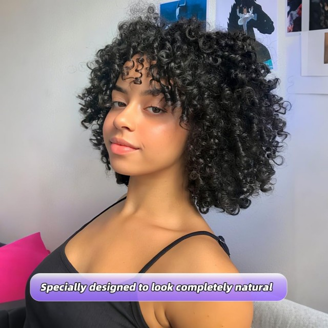 ISWEET afroamerikansk afro Kinky lockig peruk med lugg – 1B natursvart, realistisk dagligt slitage peruk f&ouml;r svarta kvinnor