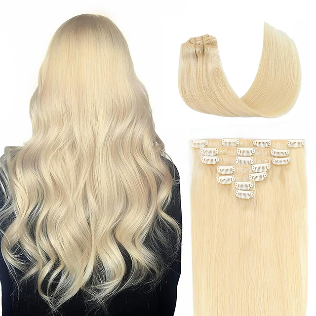 Κλιπ 7 τεμαχίων σε εξτένσιον μαλλιών Χοντρό Real Remy Ανθρώπινα Μαλλιά #613 Bleach Blonde Invisible Straight Double Weft for Women