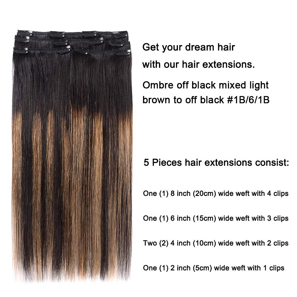 Extensions &agrave; clips de cheveux humains Remy de 40,6 cm – 5 pi&egrave;ces 80 g, ombr&eacute; noir naturel &agrave; marron ch&acirc;tain (1BT6/P1B), extensions de cheveux courts et &eacute;pais, lisses et soyeux pour femme