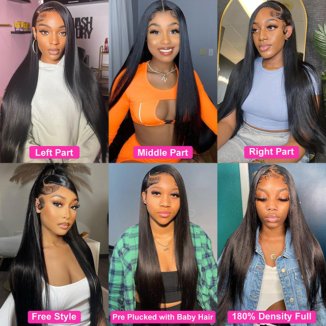 13x6 Lace Front perruques de cheveux humains 180% densit&eacute; droite HD Transparent Lace Front pr&eacute; plum&eacute; avec des cheveux de b&eacute;b&eacute; couleur noire naturelle pour les femmes