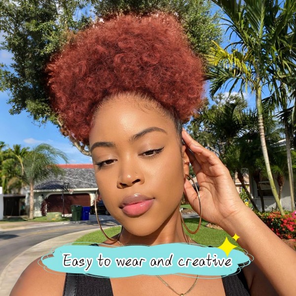 Extension de queue de cheval afro bouffante orange fonc&eacute; 350 – Chignon court cr&eacute;pu boucl&eacute; &agrave; clipser, postiche synth&eacute;tique pour femme