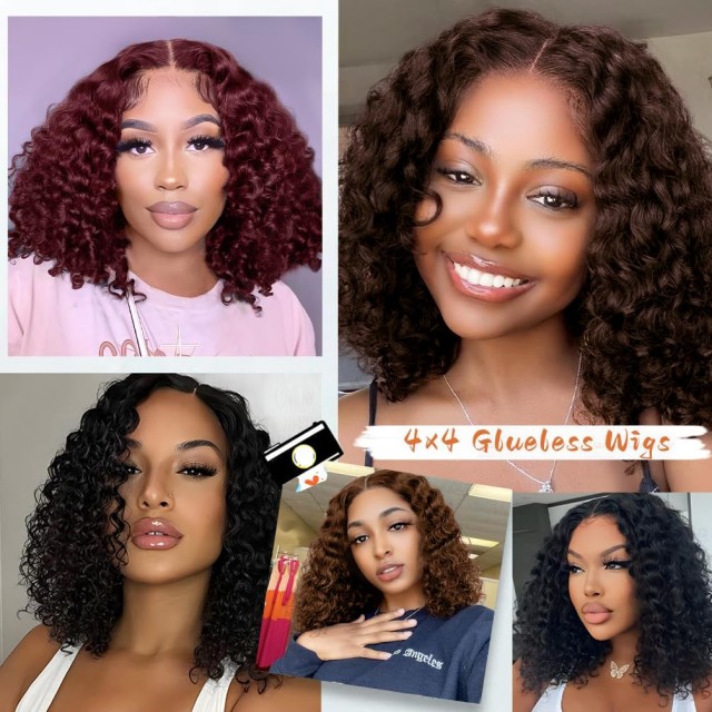 Wear & Go Glueless Short Curly Bob Wig Menneskeh&aring;r – 180 % t&aelig;thed 8 tommer lysebrun, pr&aelig;-plukket pr&aelig;-cut Deep Wave blonde frontparyk til kvinder