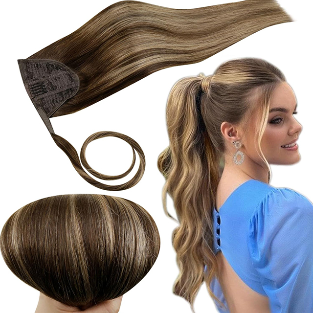 ISWEET Brazilian Virgin Curly Clip ins Human Hair Ponytail Extension 18 Inchi 80g - Kahawia Wastani na Vivutio vya Kuchekesha vya Asali - Kufunika kwa Nywele za Binadamu Karibu na Ponytail Hair Extension for Women Girls