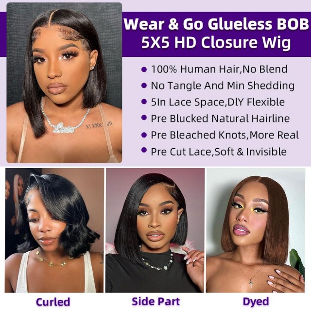 200% щільність 5x5 HD Lace Glueless Bob Wig – 10-дюймове натуральне чорне людське волосся, попередньо вищипане, підстрижене, коротка перука Wear & Go для чорношкірих жінок