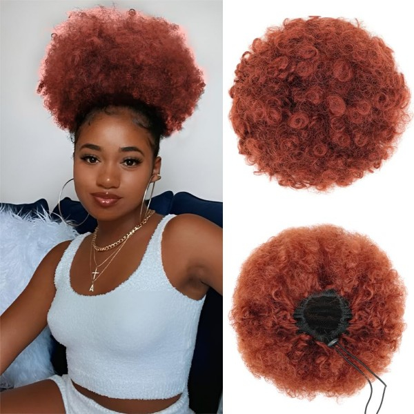 350 สีส้มเข้ม Afro พัฟต่อผมหางม้า – ขนมปังคลิปลอนหยิกสั้น, วิกผมสังเคราะห์สำหรับผู้หญิง